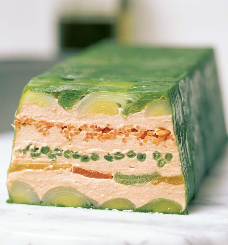 MASTER CLASS Layering Flavors in a Vegetable Terrine The key is letting each layer of rich tomato mousse set before adding the crisp-tender vegetable accent BY JAMES PETERSON Author Jim Peterson was