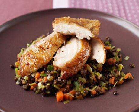 Crispy Chicken Thighs with Savoury Puy Lentil Ragout Cooking time: 1 hour 30 minutes Serves 4 8 chicken thighs with skin on, bones removed 2 leeks, trimmed, finely diced 2 carrots, peeled, finely