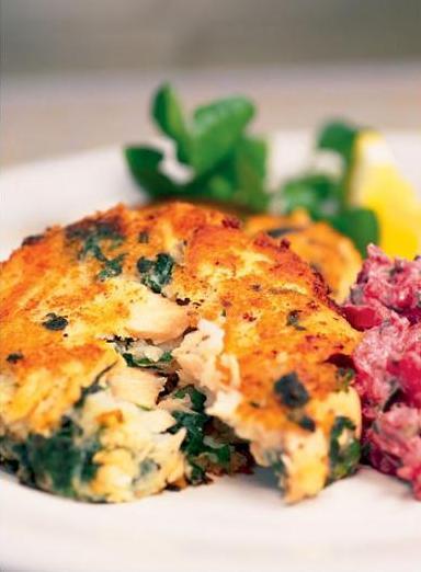 Salmon and Spinach Fishcakes with Beetroot and Horseradish Relish 450g skinless boneless salmon fillet 2 tbsp olive oil 450g floury potatoes 175g young spinach, washed Grated zest of ½ lemon 1 tbsp