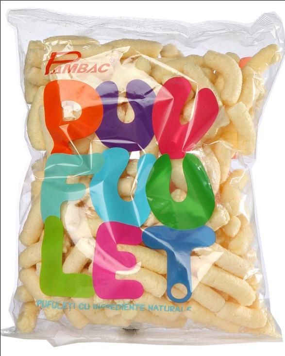 EXTRUDED SNACKS Pambac - PUUFUULET Weight: 45 g plastic foil packaging Product attributes: traditional romanian product good taste, salted Advantages in category: Fresh and joyful brand, melt in your
