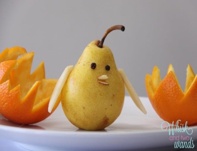 Pear Peanut butter* Apple slices Almond slivers Toothpicks Pear Birdie Using peanut butter, attach raisins to the pear for eyes. Use toothpicks to attach apple slices as wings.