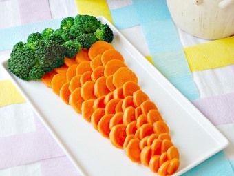 Carrots (Slices or baby carrots) Broccoli Carrot Vegetable Tray Arrange carrots and broccoli into a large carrot outline. Serve with dip.