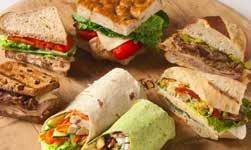 99 per guest Sandwich Wrap Tray Roast beef with cheddar cheese and horseradish sauce on flatbread; smoked turkey breast with provolone cheese, lettuce and tomato in sun-dried tomato wraps; and