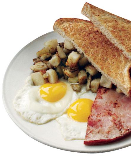 Three eggs, bacon, sausage, ham and bologna, served with homefries, a pancake and three slices of homestyle bread - 13.