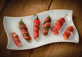 Turkey Bacon Wrapped Jalapeño Poppers SERVES 20 Prep Time: 25 minutes Cook Time: 30 minutes Serving Size: 1 popper Calories: 50 Sugars: 1g Carbs: 3g Dietary Fiber: 0g Protein: 3g Cholesterol: 15mg