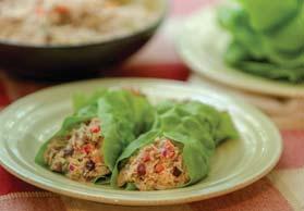 Crunchy Mediterranean Tuna Salad Wrap SERVES 6 Prep Time: 10 minutes Cook Time: None Serving Size: 1 wrap Calories: 105 Sugars: 2g Carbs: 5g Dietary Fiber: 1g Protein: 14g Cholesterol: 25mg Fat: 3.