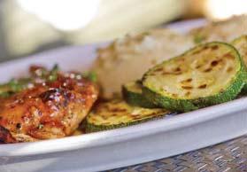 Marinated Grilled Chicken with Zucchini SERVES 4 Prep Time: 1 hour (marinating time) Cook Time: 10 minutes Serving Size: 4 oz chicken & ½ cup zucchini Calories: 250 Sugars: 4g Carbs: 7g Dietary