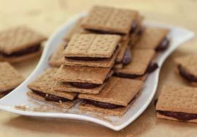 Chocolate Peanut Butter Sandwiches SERVES 14 Prep Time: 15 minutes Cook Time: None Serving Size: 1 sandwich Calories: 85 Sugars: 7g Carbs: 15g Dietary Fiber: 1g Protein: 3g Cholesterol: 0mg Fat: 1.