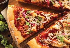 Barbeque Chicken Pizza SERVES 8 Prep Time: 25 minutes Cook Time: 20 minutes Serving Size: 1 slice / ⅛ pizza Calories: 155 Sugars: 4g Carbs: 22g Dietary Fiber: 3g Protein: 11g Cholesterol: 20mg Fat: 3.