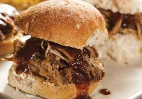 Slow Cooker BBQ Chicken Sliders SERVES 8 Prep Time: 15 minutes Cook Time: 6 hours (slow cooker) Serving Size: 1 slider Calories: 180 Sugars: 5g Carbs: 22g Dietary Fiber: 3g Protein: 16g Cholesterol: