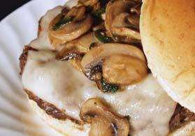Mushroom Burger SERVES 4 Prep Time: 5 minutes Cook Time: 15 minutes Serving Size: 1 burger Calories: 320 Sugars: 5g Carbs: 24g Dietary Fiber: 4g Protein: 27g Cholesterol: 85mg Fat: 12g Sat. Fat: 3.