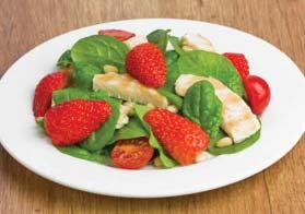 Chicken Salad with Strawberries SERVES 4 Prep Time: 10 minutes Cook Time: None Serving Size: 2 cups salad, 1 ½ Tbsp dressing Calories: 265 Sugars: 11g Carbs: 16g Dietary Fiber: 3g Protein: 25g