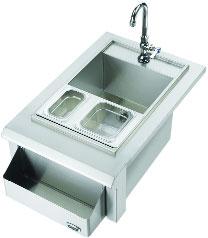 Includes single flow faucet(1 1/8 mount hole) and nickel plated brass drain EDC Cooler and 15BS Bar sink