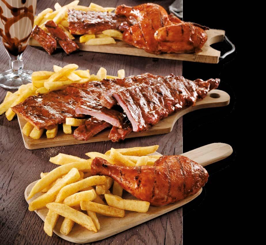 FLAME-GRILLED CHICKEN 1/2 CHICKEN, RIBS & MED CHIPS 1/4 Chicken & Med Chips 49 90 1/2 Chicken & Med Chips 77 90 1/2 Chicken, Ribs 149 90 & Med Chips BBQ RIBS Rib Snack & Reg Chips 64 90 180g* Riblets
