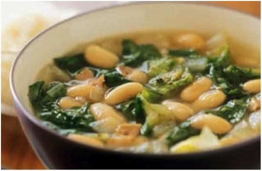 Escarole And Bean Soup 2 tablespoons olive oil 2 garlic cloves, chopped 1 pound escarole, chopped Salt 4 cups low-salt chicken broth 1 (15-ounce) can cannellini beans, drained and rinsed 1 (1-ounce)