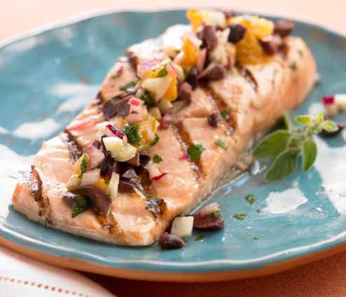 Grilled Salmon with Citrus Salsa Fresh and flavorful, this salsa is a lovely blend of orange, olive, onion, and fennel delicious atop grilled salmon.