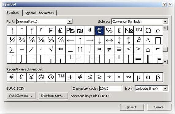 c. Chèn một ký tự Unicode từ hộp thoại Symbol - Khi bạn chọn một ký tự Unicode trong hộp thoại Symbol, mã của nó hiển thị trong hộpcharacter code. - Nhấn chuột vào vị trí bạn muốn chèn ký tự Unicode.