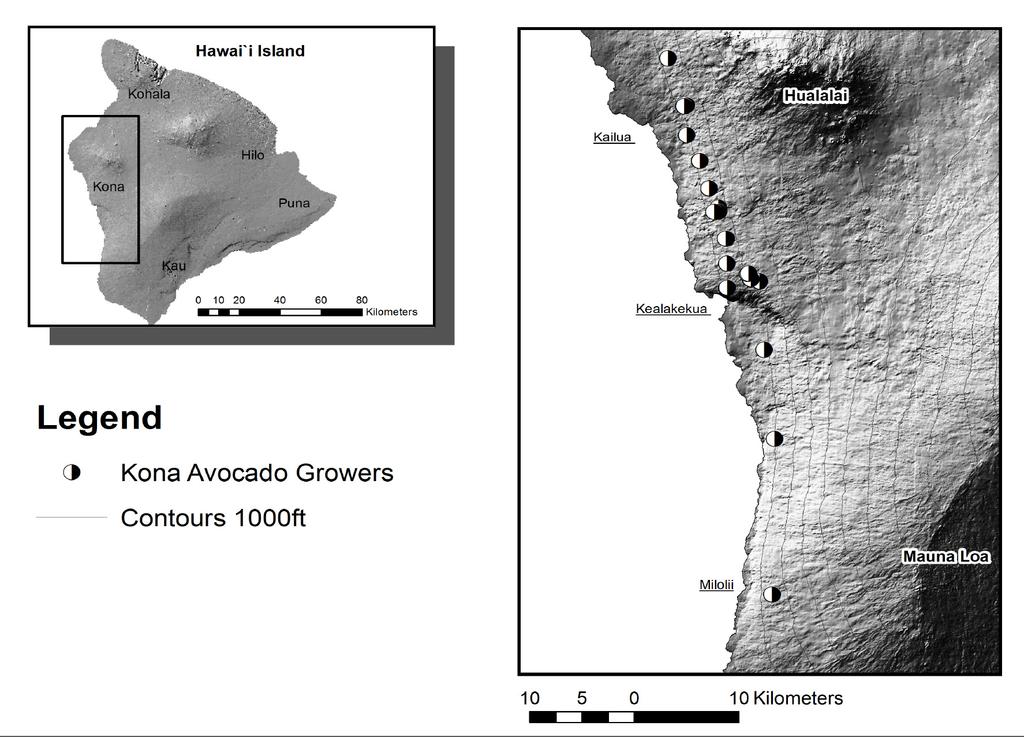 Avocado Susceptibility to Fruit Flies 3 Figure 1. Contour map of the distribution of the first 16 avocado farms surveyed. America Inc., Keokuk, IA ) buffered with 4% borax (U. S. Borax, Inc.