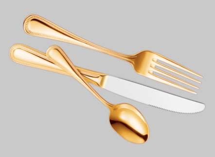 58 PRIM CHALET LUXOR GOLDEN GLARE (GOLDPLATE) THIS BRUSHED HEAVY DUTY FINISH 18/10 STAINLESS PATTERN IS PLATED IN 24 CARAT GOLD. CASE /DOZ.