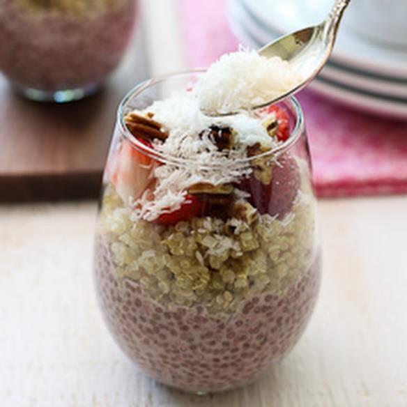Strawberry Coco Chia Quinoa Breakfast [Serves 2]*** 1 cup cooked or steamed quinoa 2 cups of filtered water (use if cooking on stovetop) STRAWBERRY CHIA 5 tbsp.