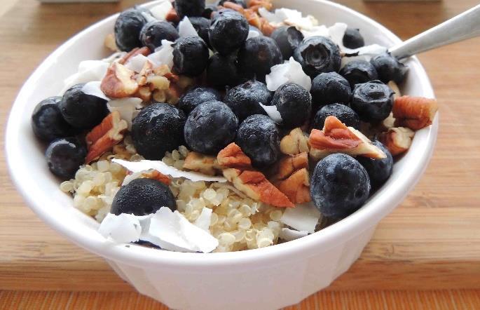 Spiced Quinoa Power Breakfast [Serves 2]** 2 cups almond or coconut milk, unsweetened 1 cup uncooked quinoa 1 cup fresh blueberries ½ cup raw almonds, chopped 2 tbsp. hemp seeds 2 tbsp.