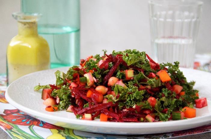 Raw Chopped Salad with Lemon Tarragon Dressing [Serves 4] ** 1 head of kale, cut into small ribbons 2 stalks of celery, diced 1 cucumber, diced 2 carrots, diced 1 fennel, thinly sliced 1 beet,