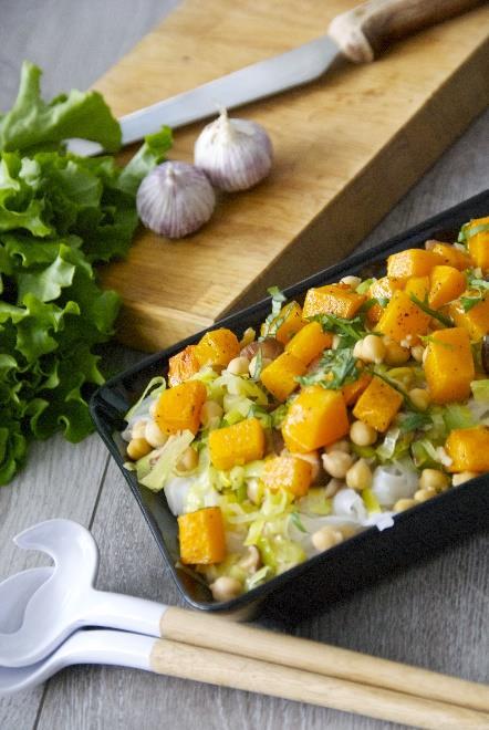 Fall Fresh Pasta Salad [Serves 4]*** 1 small butternut squash, cut into small.5 cubes 1 tbsp. coconut oil 1 package of kelp noodles 2 tbsp.