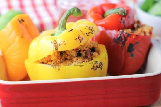 Quinoa Stuffed Bell Peppers [Serves 4]*** 8 red bell peppers 2 sliced avocados 1 cup quinoa 2 cups filtered water (for quinoa) 1 cup canned black beans (I use Eden s Organic) 1 tbsp.