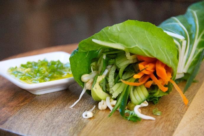 Collard Green Banh Mi [Serves 1]** 1 large collard green with thick part of stem removed ½ cucumber, cut into matchsticks 1 carrot, cut into matchsticks ½ avocado, sliced small handful of sprouts