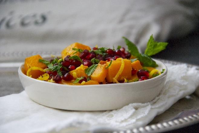 Fall Fruit Salad [Serves 2]* 1 persimmon, chopped 1 pomegranate, seeded Zest and juice of one lemon 1 tsp.