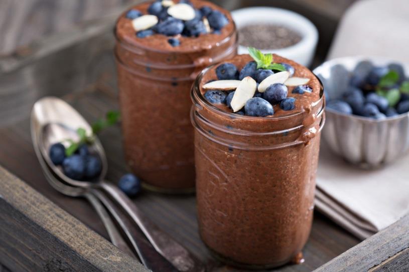 Chocolate Almond Chia Pudding [Serves 4]* 2 cups almond or coconut or hemp milk ½ cup chia seeds ¼ cup raw almond butter ¼ cup cacao powder 6 pitted dates 1/2 tsp.