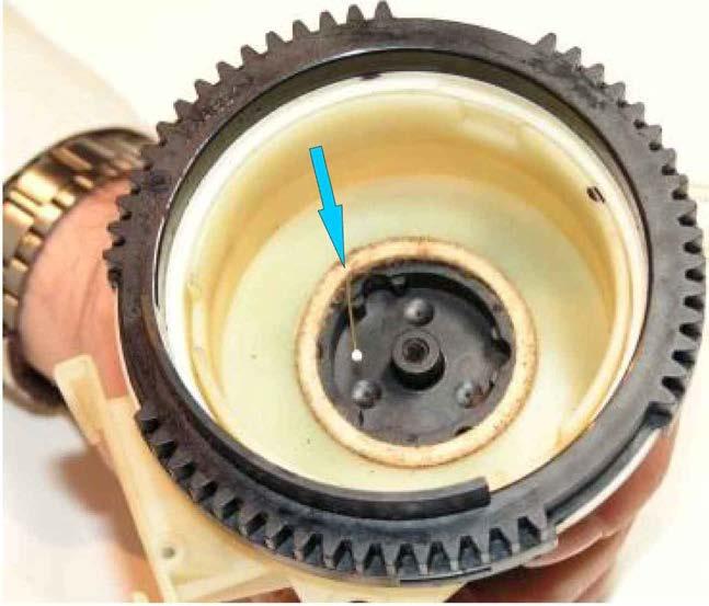 The blue arrow points to the felt gasket that prevents fine coffee to slip under and act like an abrasive sand and damage