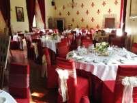 The restaurant is decorated with medieval tapestries and shields; in this felted atmosphere