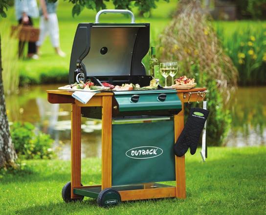 TROOPER BURNER GAS In a traditional country green, Outback's Trooper has a FSC certified wooden frame and fixed side tables, factory assembled painted hood with heat indicator, two cast iron burners,