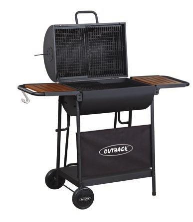The Half Drum Charcoal has two separate cooking grills above its charcoal baskets and fire bowl, with a folding table, adjustable grills and wind shield to protect the 640mm x 40mm cooking area,