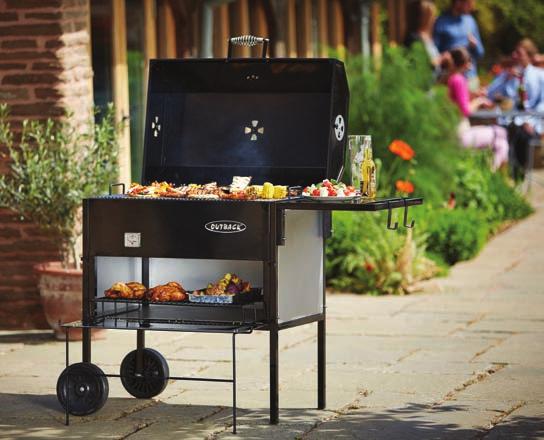 Features include a removable roasting hood, porcelain-coated grills, 750mm x 445mm cooking area, temperature gauge, adjustable air vent, oven rake, side and front tables