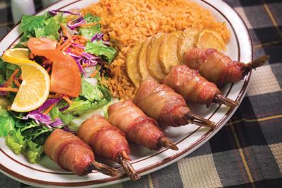 (Camarones) WRAPPED in BACON (Campín) Includes side salad, rice & home fries.