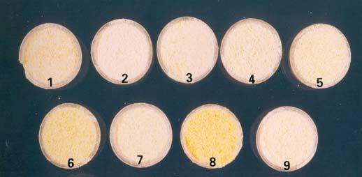 Usitnjenih uzorci osušenih testenina od vulgare krupice i mešavine durum i vulgare krupice senzorno su ocenjeni kao beli, a uzorak testenine od durum krupice kao bledožut.