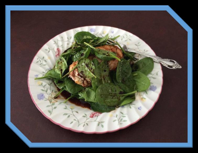 Balsamic Chicken Salad Ingredients - Serves: 1-1 Chicken breast - 1 handful Spinach - 3 tbsp. Olive Oil - 3 tbsp. Balsamic Vinegar Directions 1. Cook chicken breast on the grill. 2.