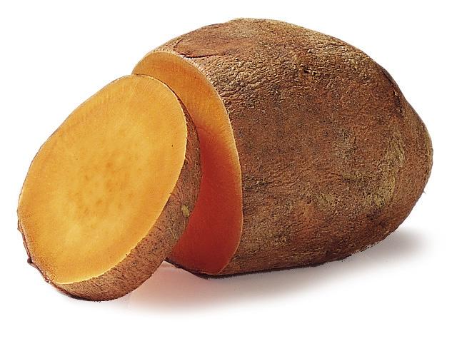 Sweet Potato Sweet potatoes are usually the size of regular white potatoes. They are long and tapered. Sweet potatoes have smooth, thin skins which can be eaten.