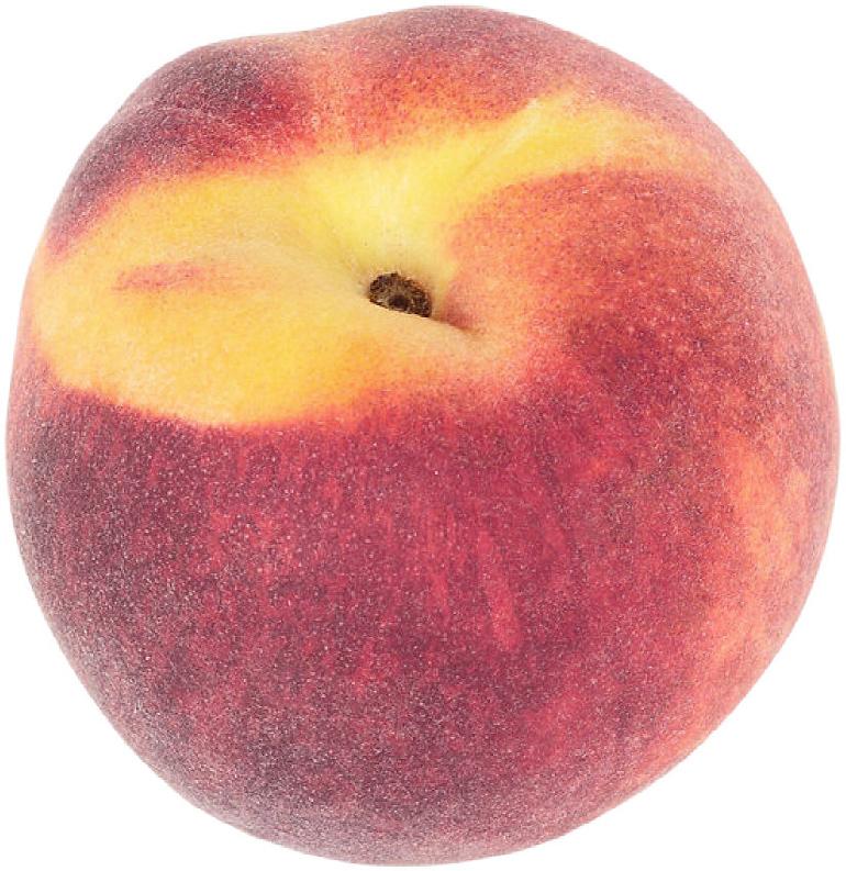 Peach Peaches are about the size of a baseball. Their skin color is yellow or cream, sometimes blushed with red depending on the variety. The skin is slightly fuzzy.