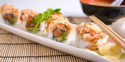 (8 pcs) Umai Maki Shrimp, tobiko, avocado, cucumber topped with a layer of crunchy spicy tuna.