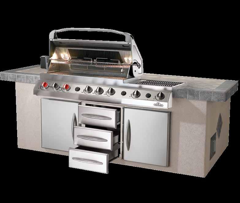 the anatomy of the perfect outdoor kitchen Heavy duty 304 stainless steel cooking system Patented WAVE rod cooking grids Patented self cleaning sear plates for reduced flare-ups Durable 16 gauge