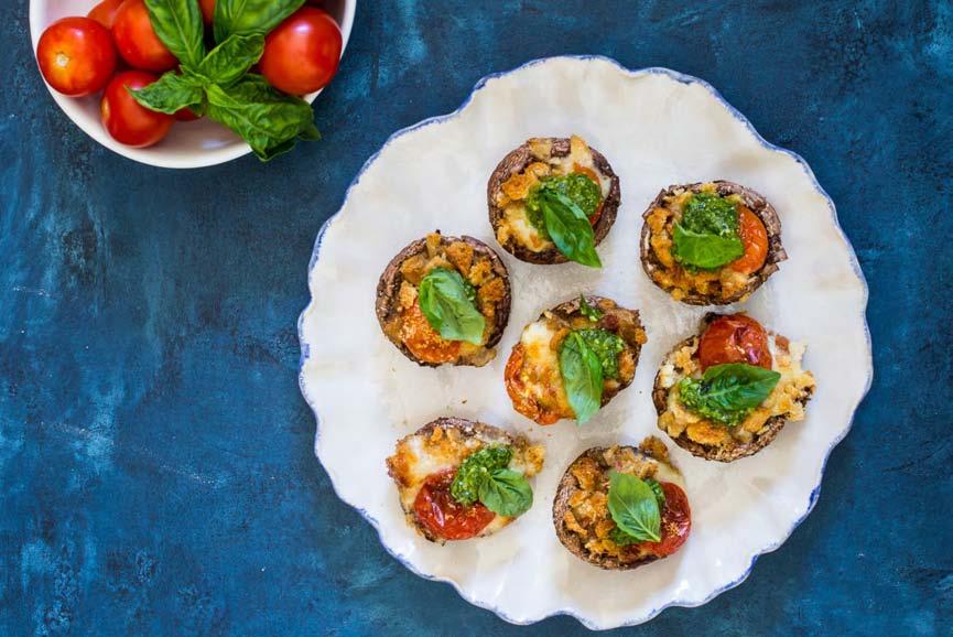 MAIN ENTREES 30 Caprese Stuffed Portobello Mushrooms 1-8 ounce container baby 2 tablespoons bread portobello mushrooms 4 ounces fresh mozzarella Cherry tomatoes PESTO SAUCE: 1 cup basil leaves 2