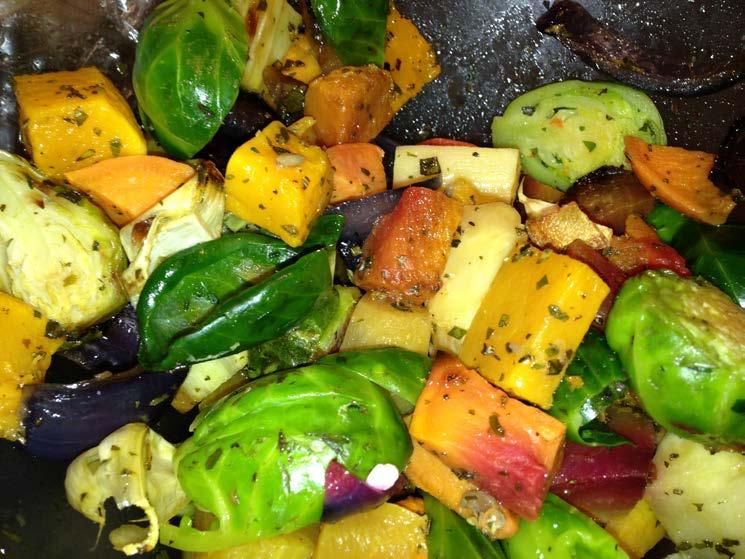 8. Bake all vegetables for 15 minutes. Then, stir (not the beets) and if edges are golden, reduce to 375F.