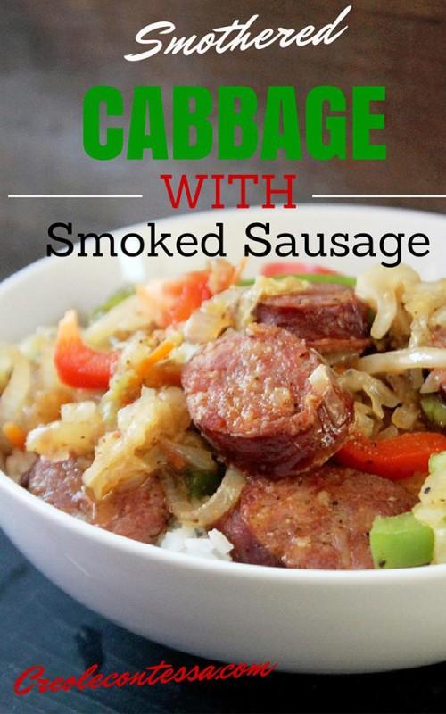 Ingredients 400g smoked sausage 1 480g bag coleslaw 1/2 cup chicken broth, low sodium 1 clove garlic, minced 1 green bell pepper, sliced 1 red bell pepper, sliced 1/2 white onion, sliced 2 teaspoons