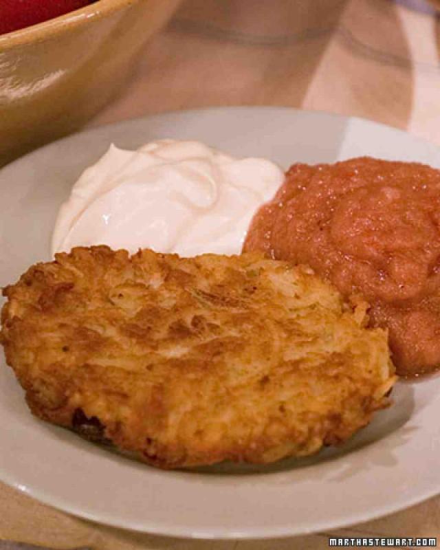 Potato Latkes Ingredients 2 1/2 pounds baking potatoes, peeled and quartered 2 large onions, quartered (about 1 1/2 cups grated) 3 large eggs, lightly beaten 1 teaspoon baking powder 1 1/4 cups corn