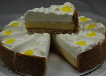 traditional graham cracker crust, filled with a creamy lemon filling and topped with a