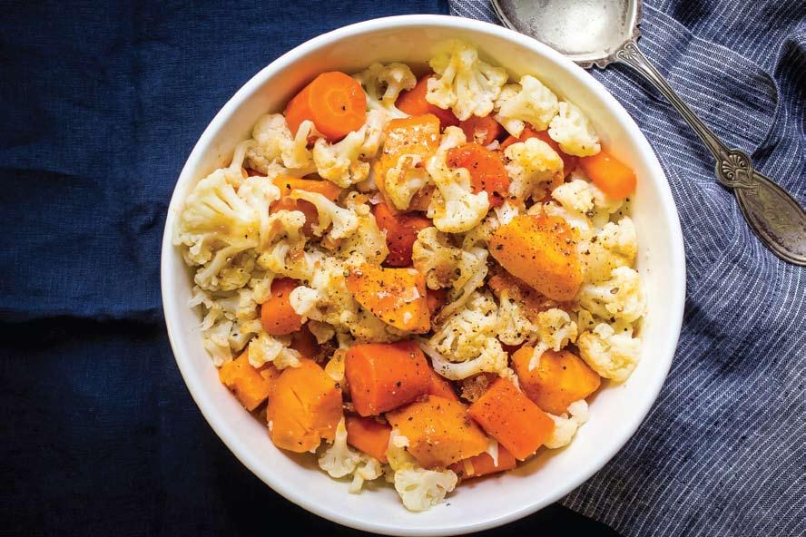YIELD 4-6 SERVINGS PREP TIME 15 MINUTES COOKING TIME 5 MINUTES TOTAL TIME 20 MINUTES 1 2 HEAD CAULIFLOWER 23 LARGE CARROTS, PEELED AND THE ENDS DISCARDED I LARGE SWEET POTATO, PEELED AND THE ENDS