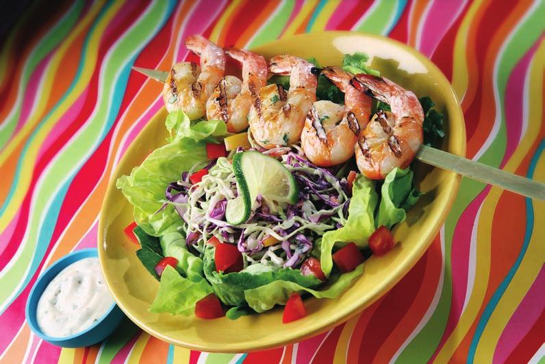 Cilantro Lime Shrimp Skewer Salad Ventura Foods Yield: 20 servings 100 pieces shrimp (5 per skewer) raw, peeled and deveined, with tails 3-3/4 lbs. mixed salad greens in 1-inch pieces 5 lbs.